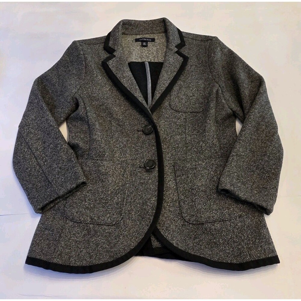 Lands' End Women's Gray Knit Blazer Jacket 6P Petite Two Button Tailored Career